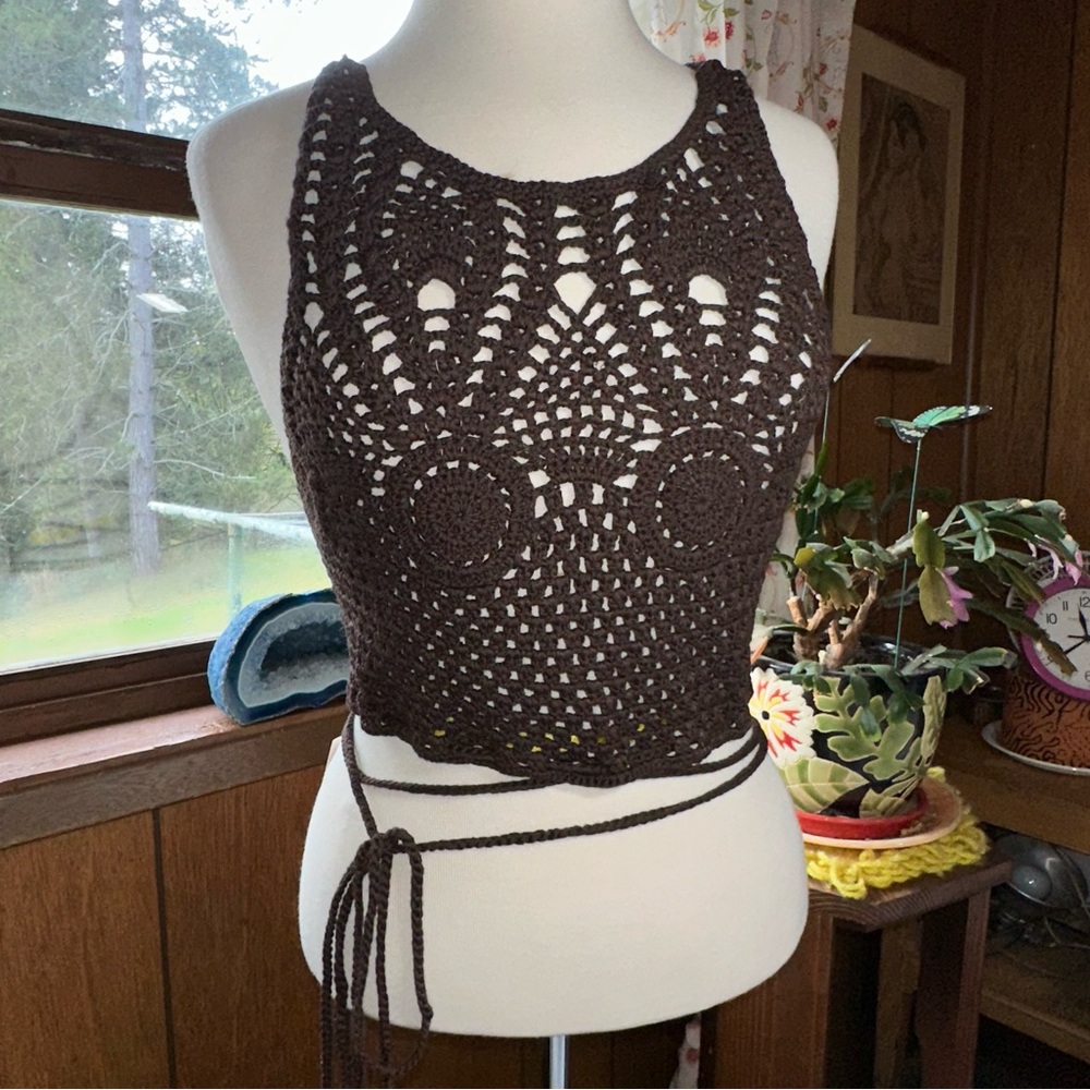 Out From Under • Chocolate Brown Crochet Lace Up Top